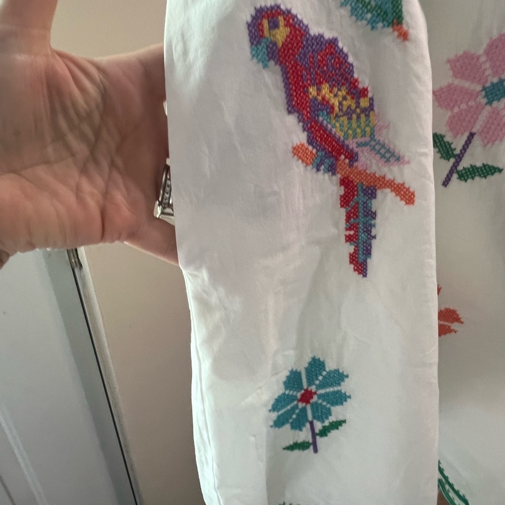 White Cotton Women’s Shorts with Multicolor Parrot  floral Embroidery